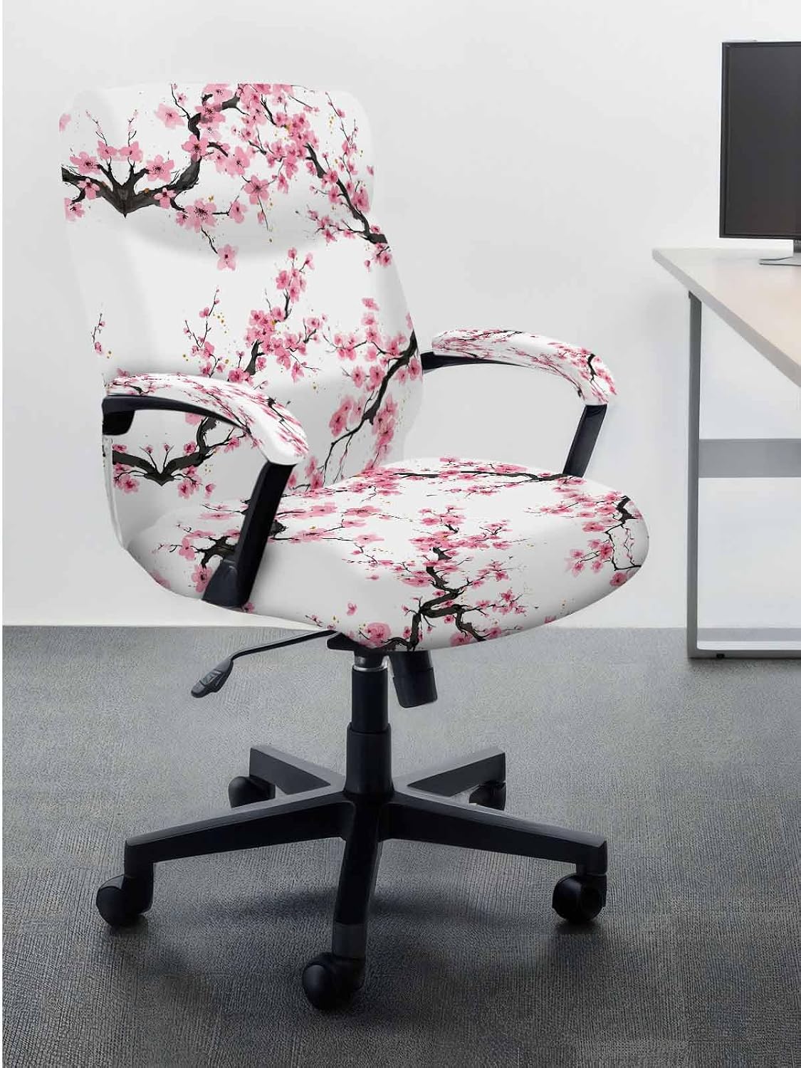 Pink Flowers Office Chair Covers with Armrest Covers, Rotating Chair Cover, Pink Blossoms Botanical Floral Branches Armchair Slipcovers Decorative Backrest Seat Protectors, Large