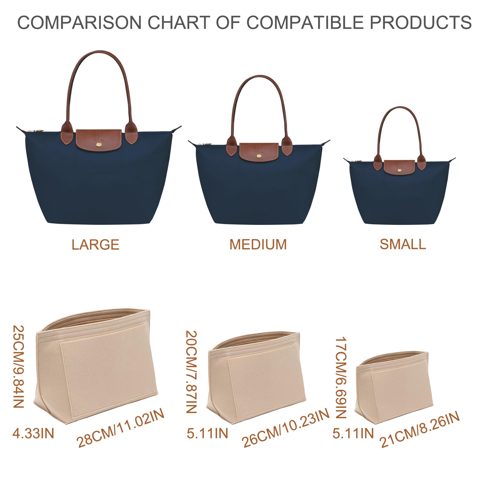 Organizador para bolso Longchamp Le Pliage de tamaño mediano, organizador de bolso de fieltro con portavasos, organizador de bolso con cremallera, 8 compartimentos, beige, L