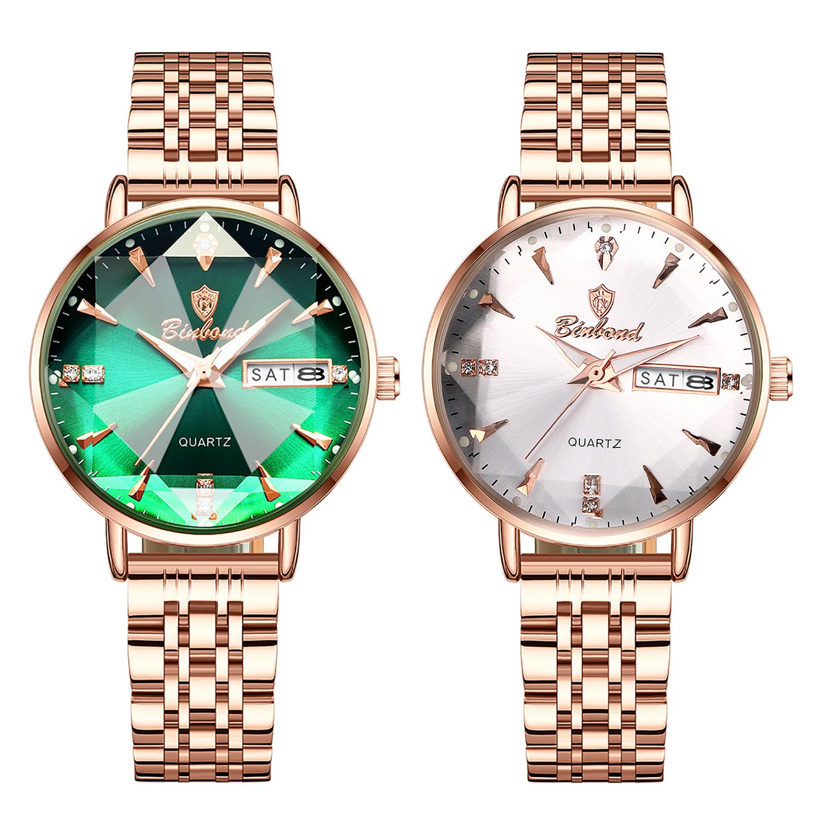 JewelryWe Zegarek damski ze stali nierdzewnej, świecący zegarek: 2 sztuki, 30, wodoszczelny, analogowy, kwarcowy, damski, różowe złoto, stal szlachetna, luksusowy zegarek z fasetowanym szkłem