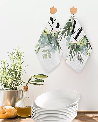 Miniatura 2 de Paquete de 2 toallas de cocina de algodón con tejido de gofre, monograma de letra M, acuarela, eucalipto, primavera, verano, rurales, absorbentes,