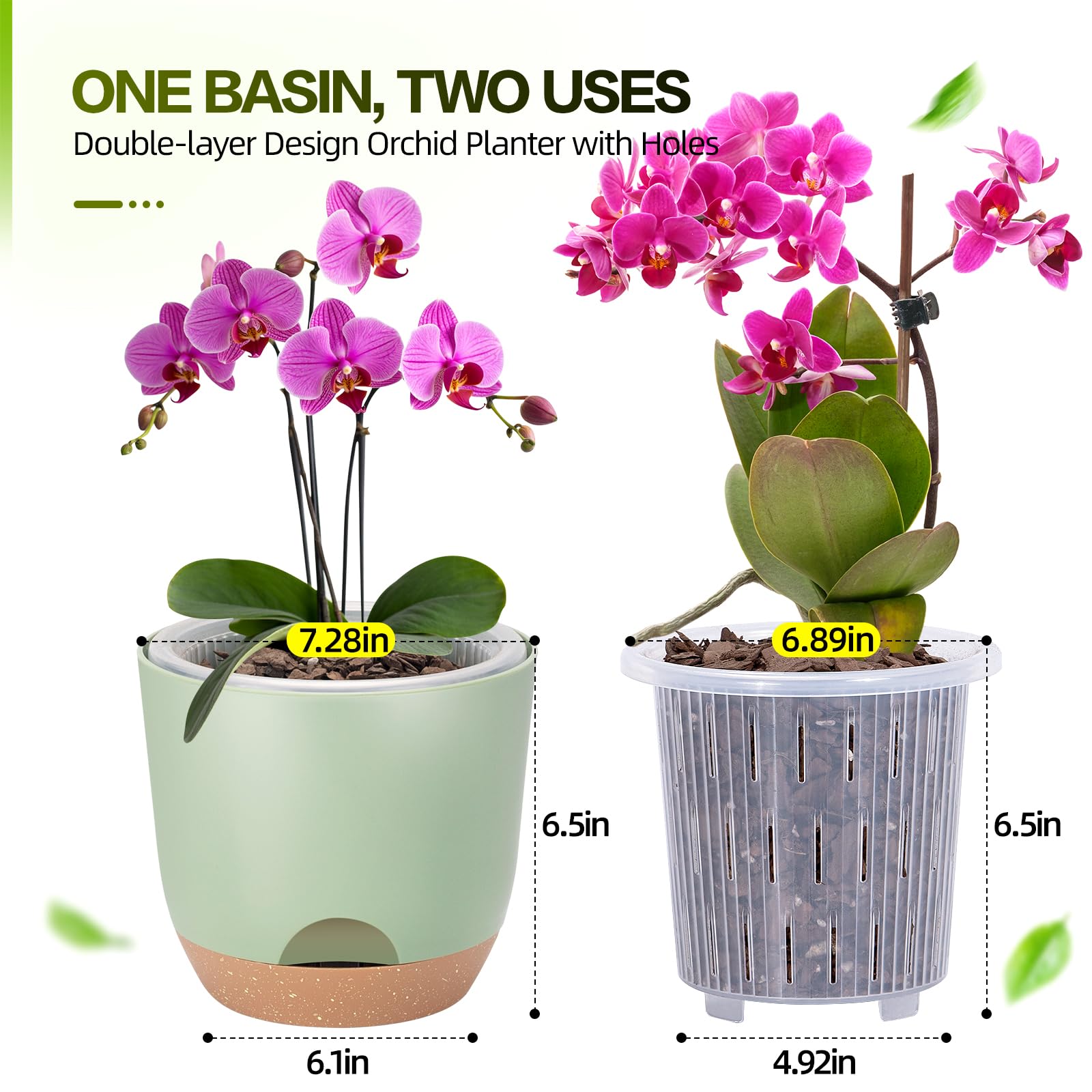 Macetas de riego automático de 7.2 pulgadas para plantas de interior con riego inferior, paquete de 2 macetas para exteriores con drenaje, macetas de plástico duradero (verde)