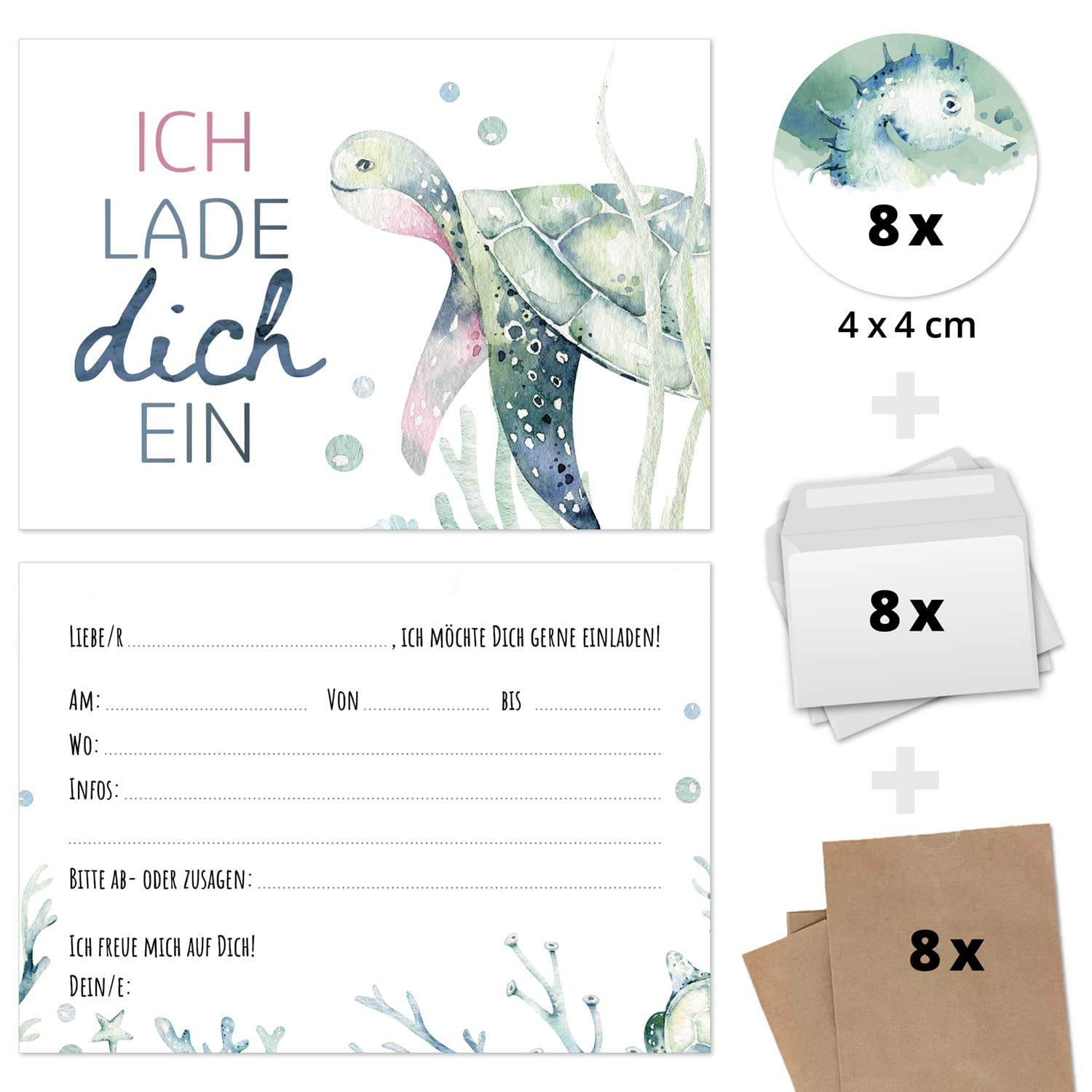 Kindergeburtstag Einladungs-Set – Mit 8 Karten, Umschlägen, Tüten & Aufklebern, Motiv Bauernhof-Tiere