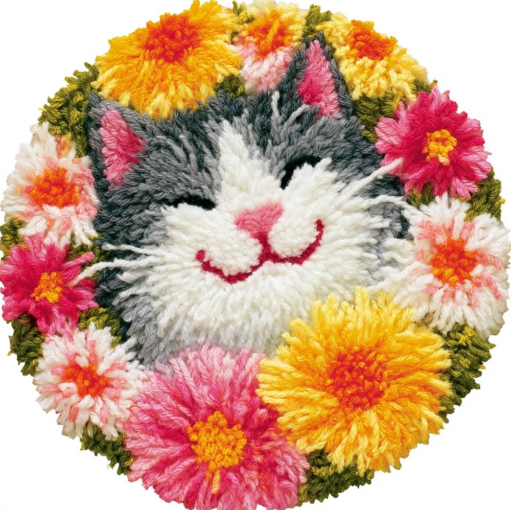 kitphoenix DIY Latch Hook Rug Kit Smiling Cat and Flowers