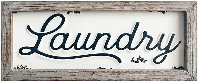 Wooden Laundry Signs for Laundry Room Wall Decor 12" X 5", Rustic Embossed Retro Metal and Wood Framed Sign for Modern Farmhouse Home Wall Art Hanging Decoration