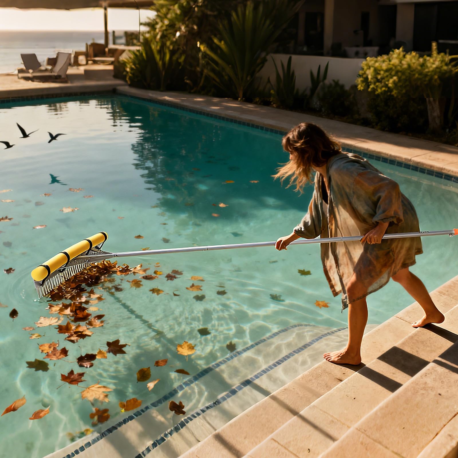 VEVOR Râteau à Feuilles, Tête 914 mm, Râteau à Mauvaises Herbes Aquatiques, Manche 338 cm, Corde 15,8 m, Outil Aluminium pour Nettoyage Feuilles, Débris de Bassin Piscine, Mauvaises Herbes Flottantes