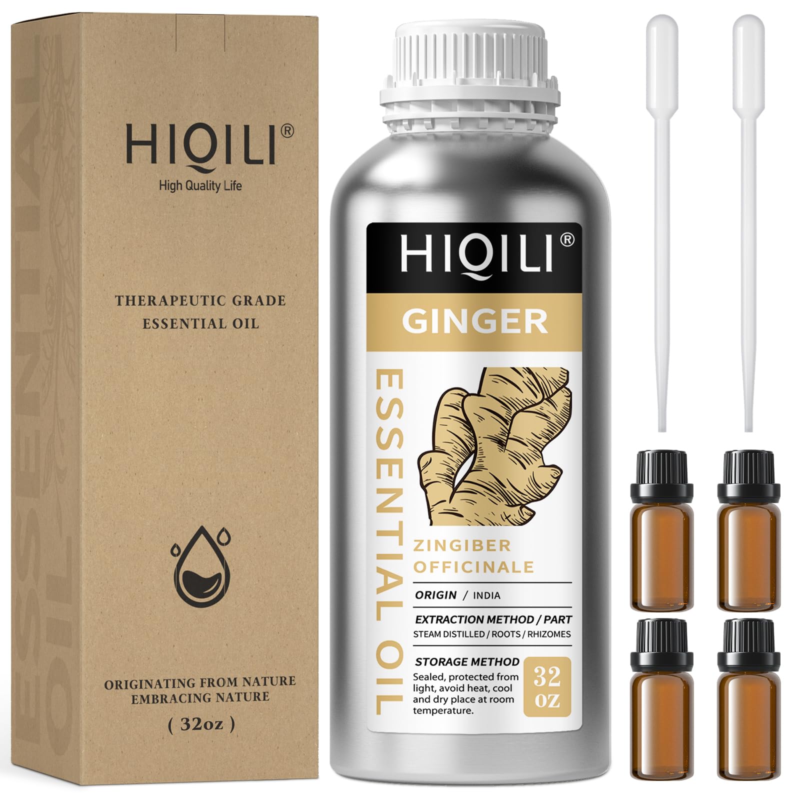 HIQILI Ginger Essential Oil for Hair, Massage, Skin (32 Fl Oz / 1000ml) | Authentic USA Import