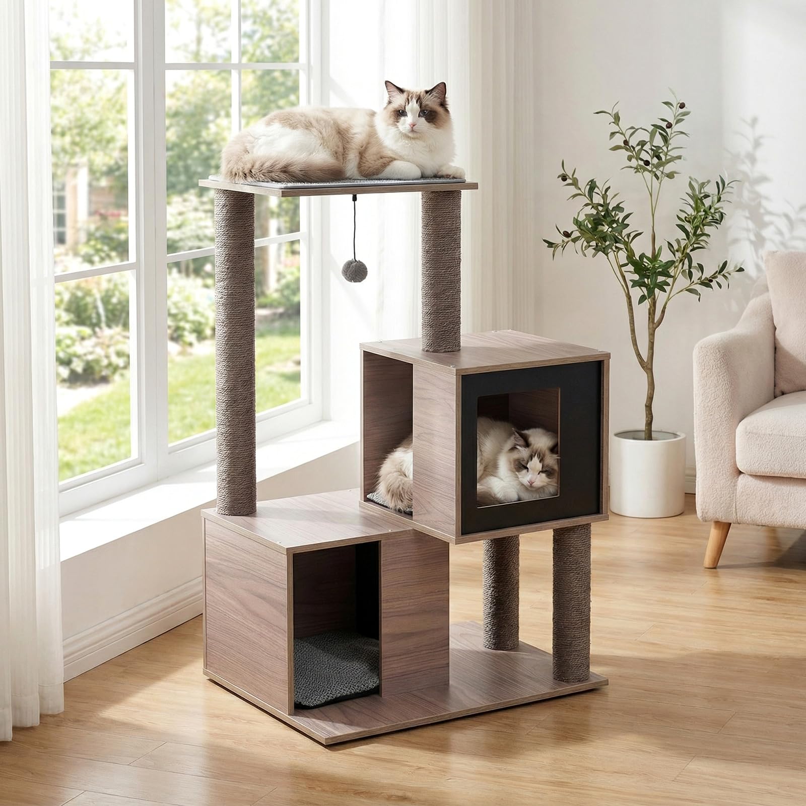COSTWAY Mueble Rascador para Gatos, 93 cm Torre de Gatitos de Madera Multinivel con Poste Rascador de Sisal, Condominios, Percha, Cojines y Alfombrilla Extraíbles, Árbol Rascador para Gatos