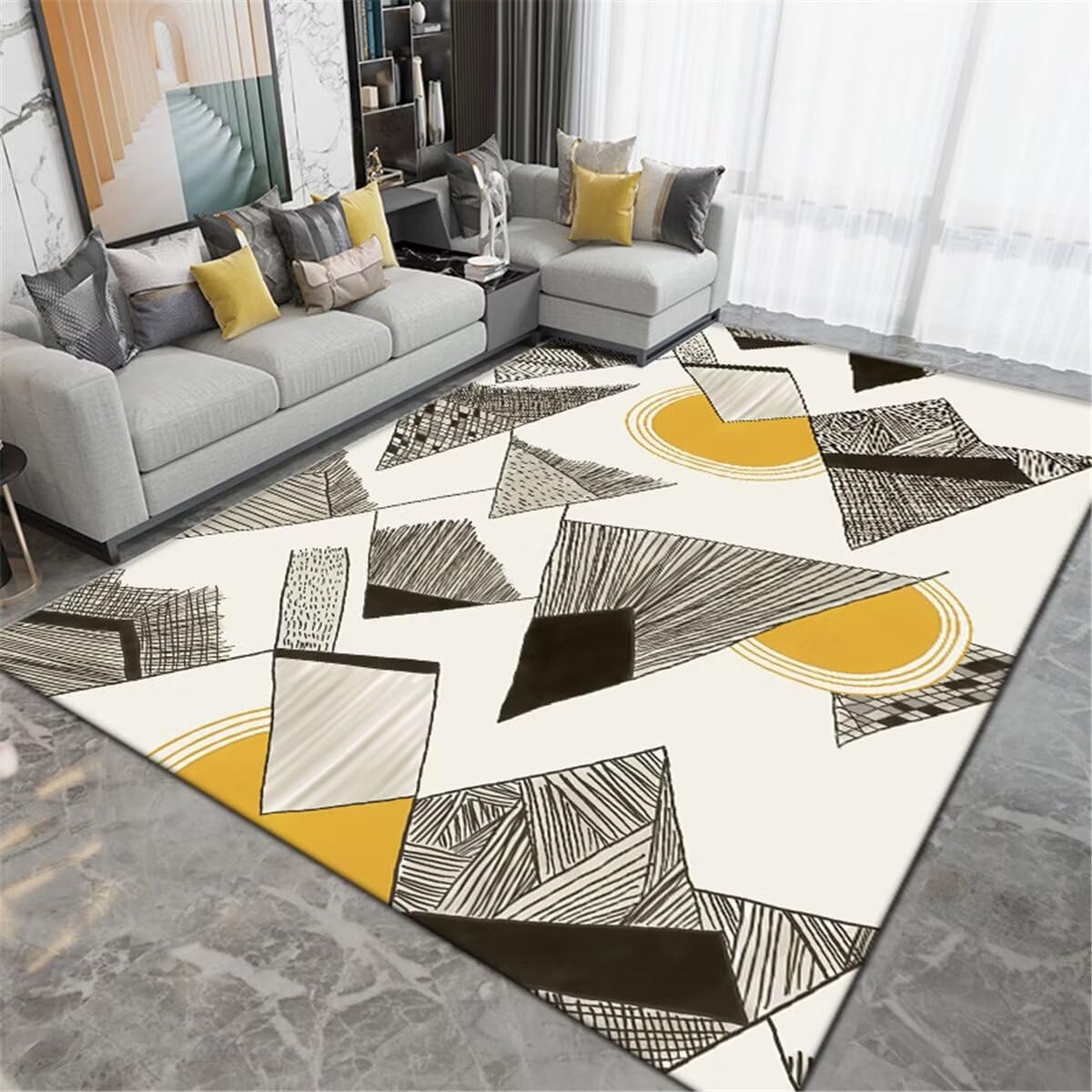 Tapis de salon lavable gris-jaune : finis les sols froids avec ce design géométrique