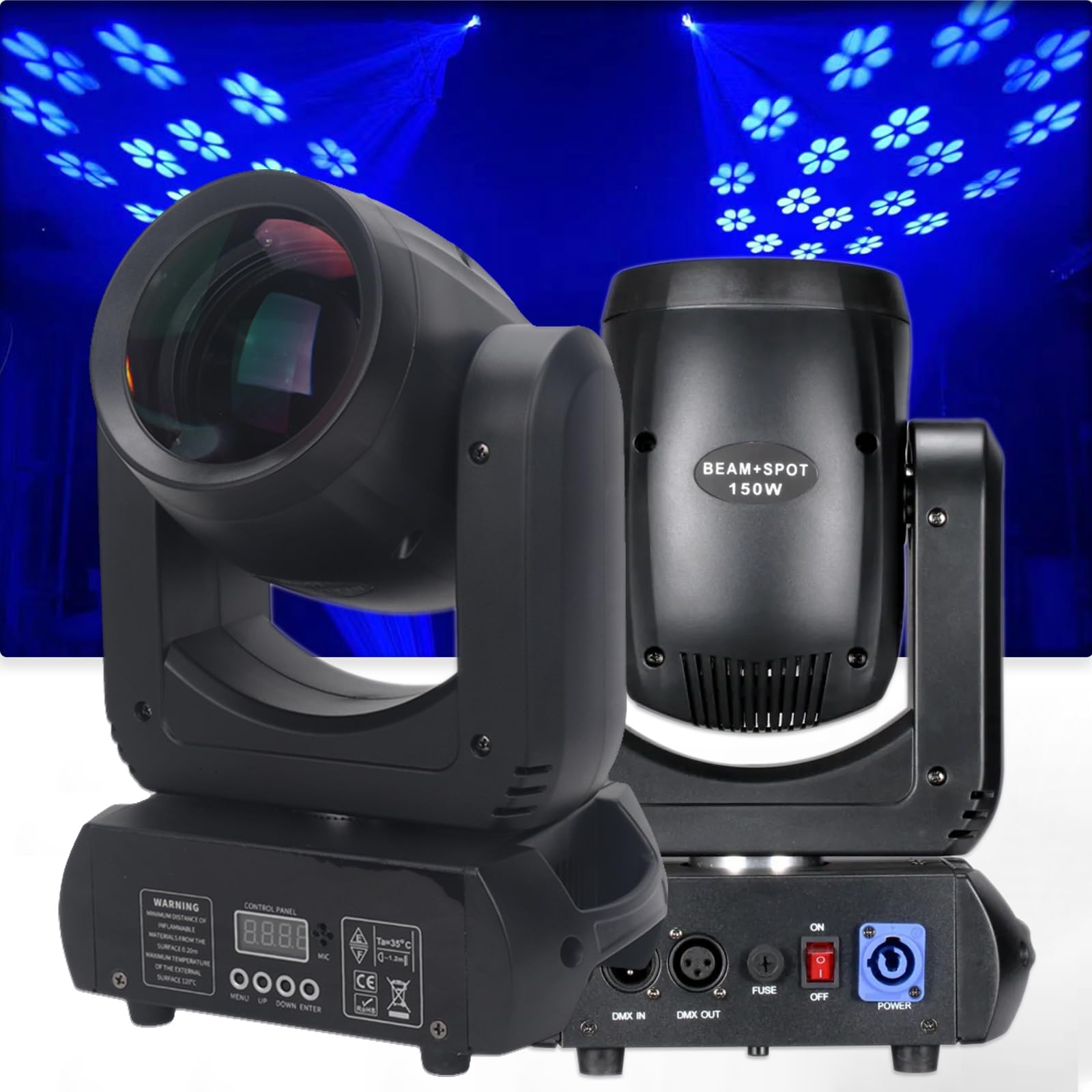 YUERLT 150W LED Moving Head Light DMX512, 18 Rotating Prisms & 8 Gobos, 2° Ultra Narrow Beam, Silent Motor for Stage/Disco/Bar/Wedding Party Lighting Effects (12CH Control, 540° Pan)