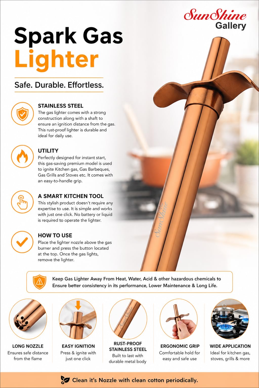 Spark Gas Lighter for Kitchen Use Restaurants Metal Gas Stove Lighter Regular Size Easy Grip Long Lasting, Rust Proof (Rose Gold, Pack of 1) — Amazon image 6