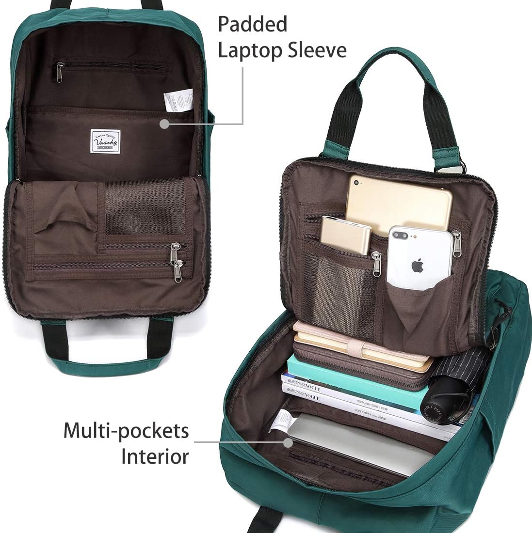 VASCHY School Backpack for Men and Women, Unisex Vintage Water Resistant Casual Daypack Rucksack Bookbag for College Fits 15inch Laptop Blackish Green - Image 3