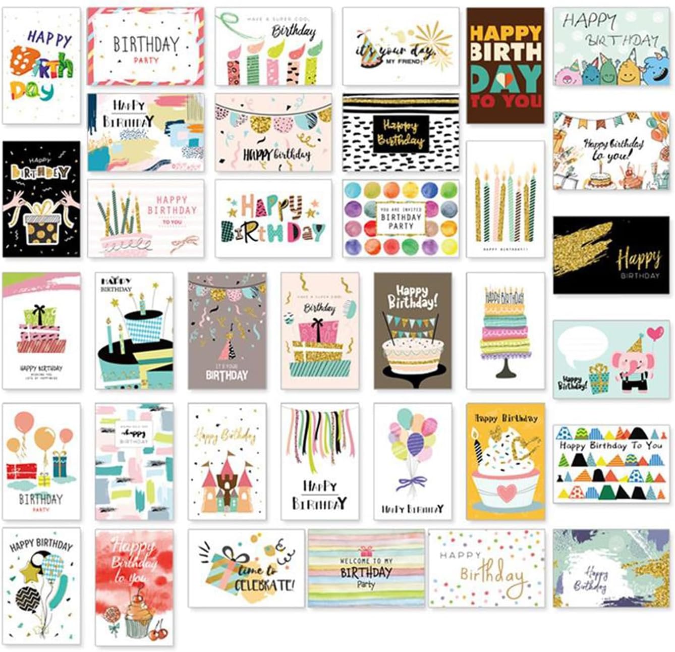 STAYOUNG 36 Sheets Birthday Cards - Birthday Card Set Includes 36 Mixed Happy Birthday Card Designs for birthdays, congratulations, festivals and other occasions, Single Fold Blank Inside (10 * 15cm)