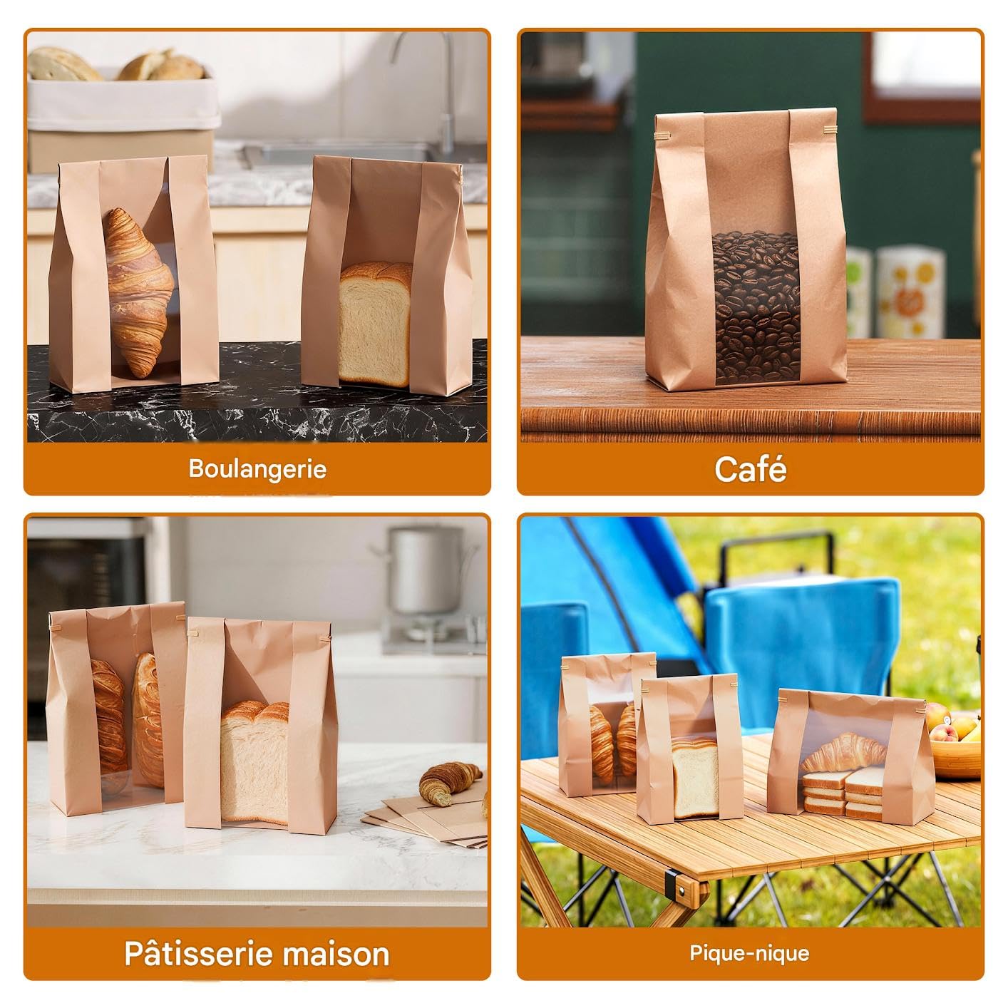 100 Lot Sacs à Pain en Papier Kraft avec Fenêtre Transparente, Grands Sacs de boulangerie 35x9x21cm avec Fermeture à Cravate en Étain et Autocollants pour Pain, biscuits, Friandises
