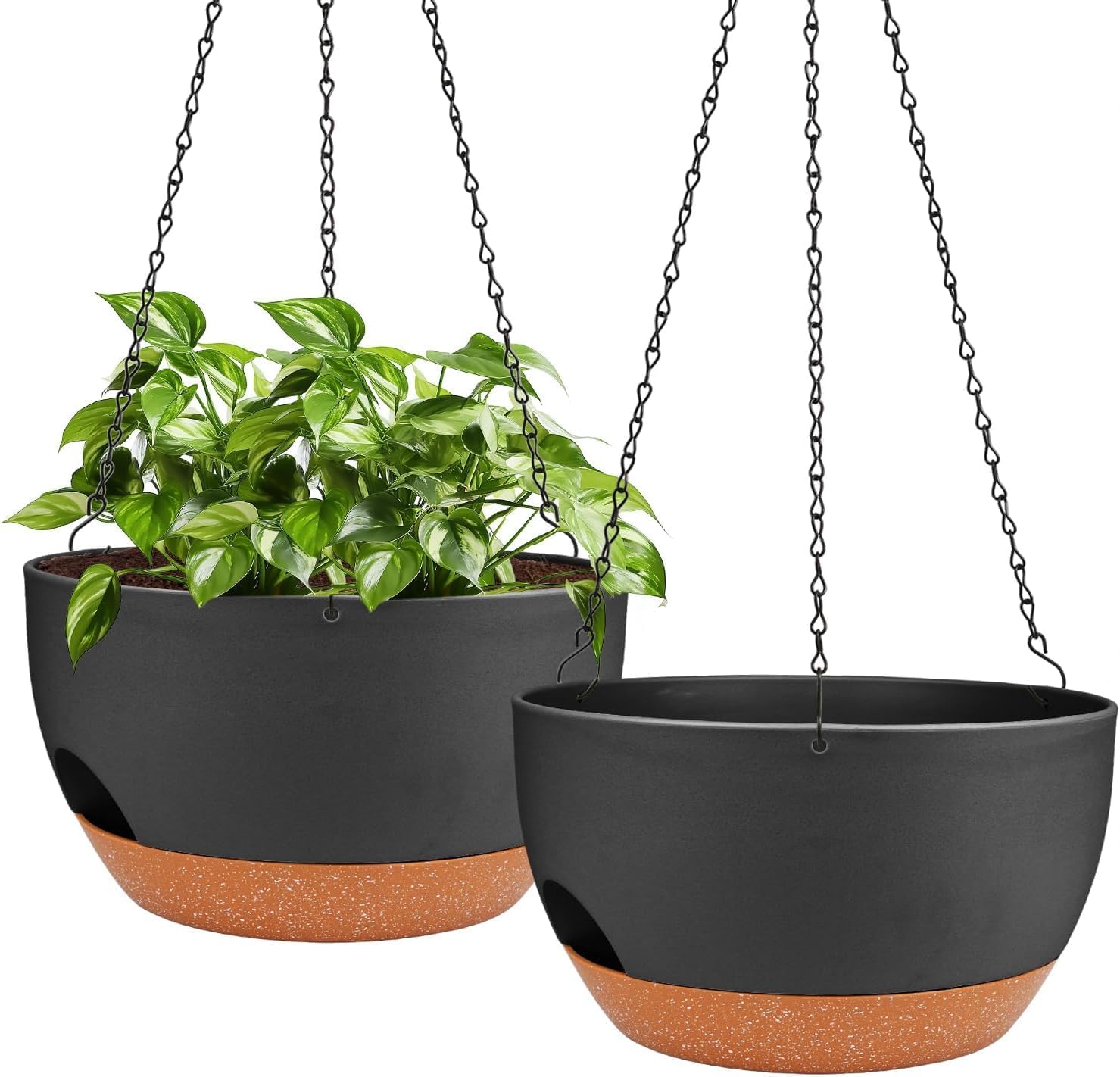 2 Macetas Colgantes Ø24 cm – Juego de 2 macetas Colgantes de plástico con Sistema de riego, Agujeros de Drenaje y Plato extraíble, para Interiores y Exteriores, Gris Oscuro