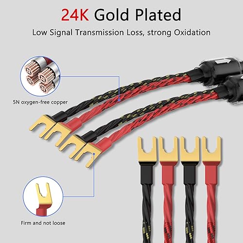 Miniatura 7 de Tertullus 1 par de cables de altavoz trenzado OFC de alta fidelidad con enchufe de pala a clavijas de pala, 4 enchufes de horquilla en forma de Y a