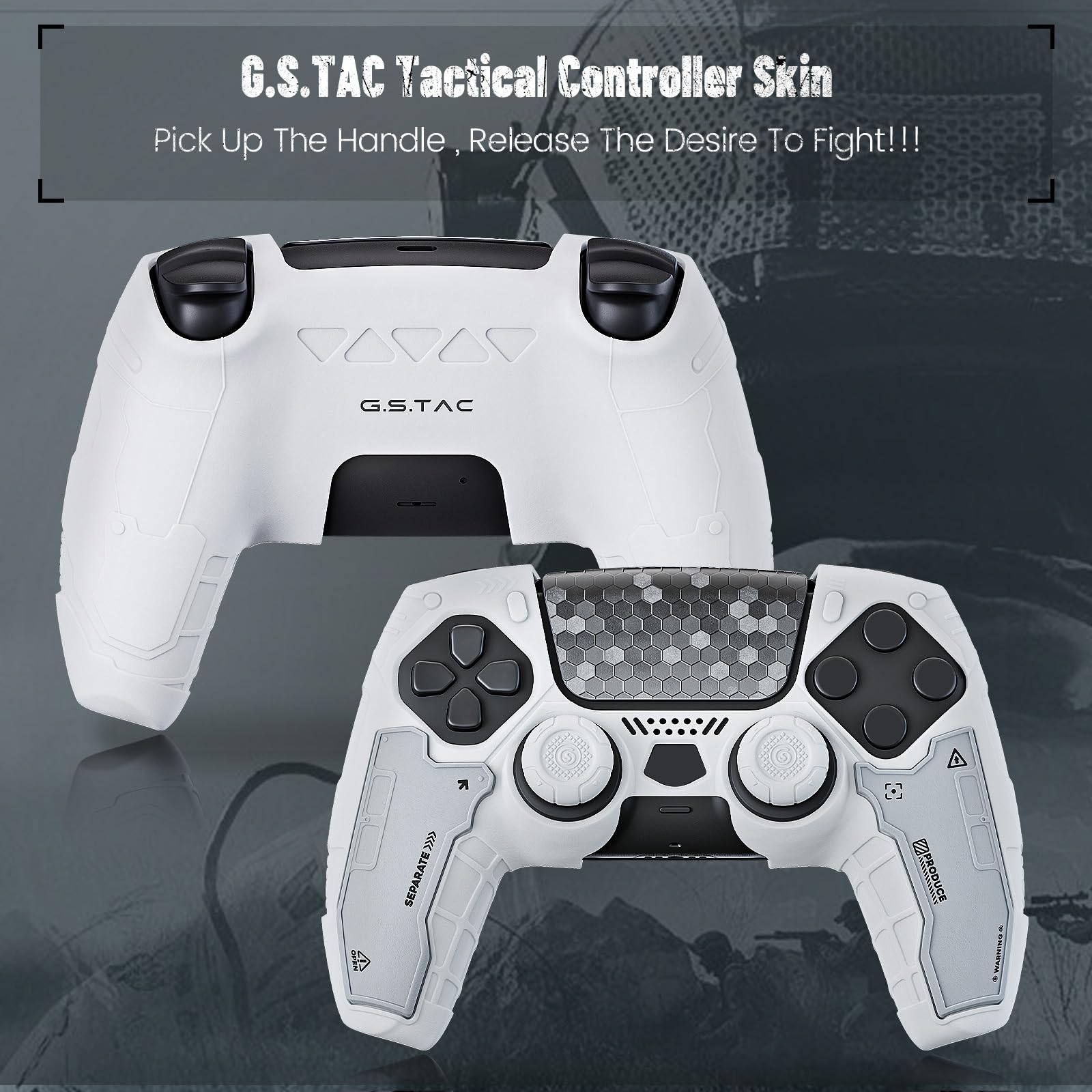 GeekShare G.S.TAC Taktyczny zestaw skórki do kontrolera PS5, antypoślizgowy silikonowy pokrowiec ochronny kompatybilny z kontrolerem bezprzewodowym PS5 z 2 nakładkami na kciuk i 2 naklejkami (biały)