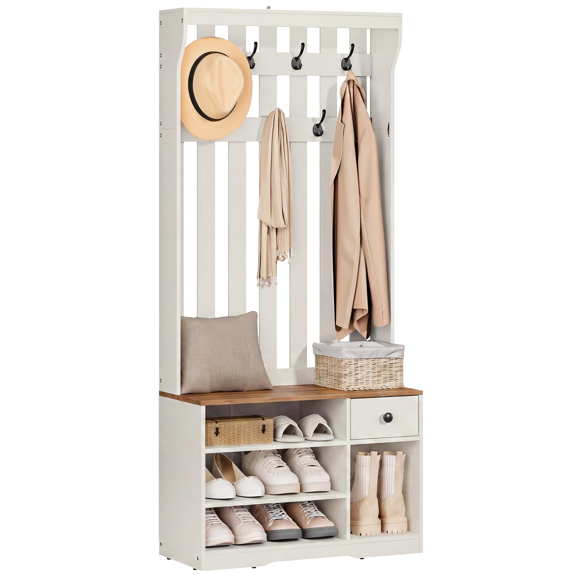 YITAHOME Coat Stand with Shoe Rack, 80cm 7 Hooks Removable Drawer