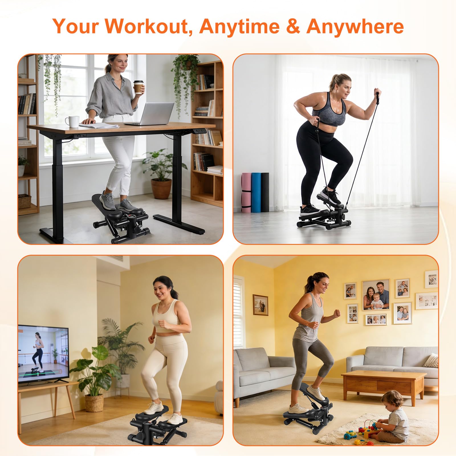 Mini Paso a Paso para Ejercicio en casa, Escalera de Resistencia Ajustable con Monitor LCD, Pedales Antideslizantes y Bandas de Resistencia para Entrenamiento Cardiovascular de Cuerpo Completo