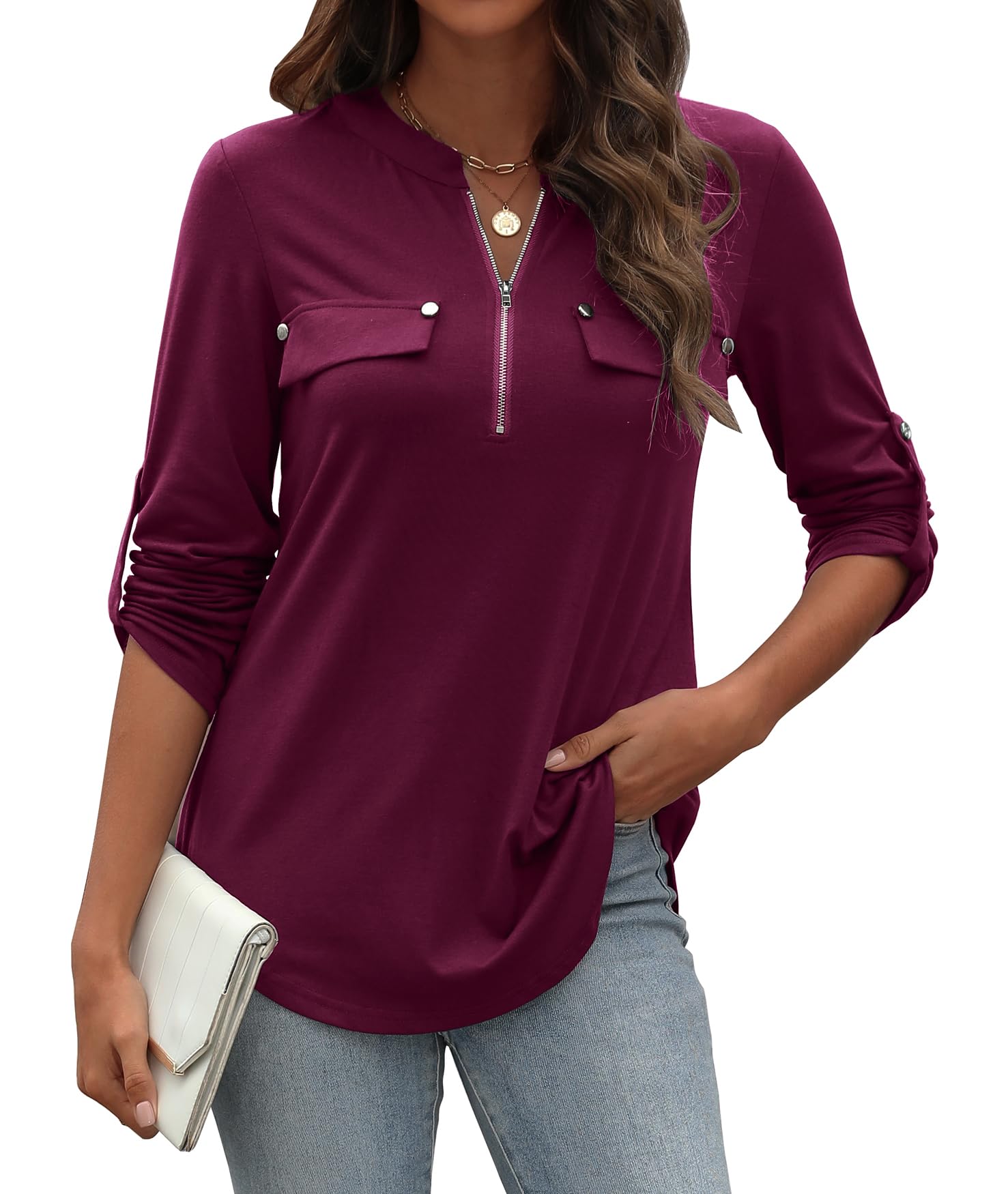 LuckyMore Women's 3/4 Sleeve Tops Cuffed Zip V Neck Business Casual Work Blouses Tunic Shirts