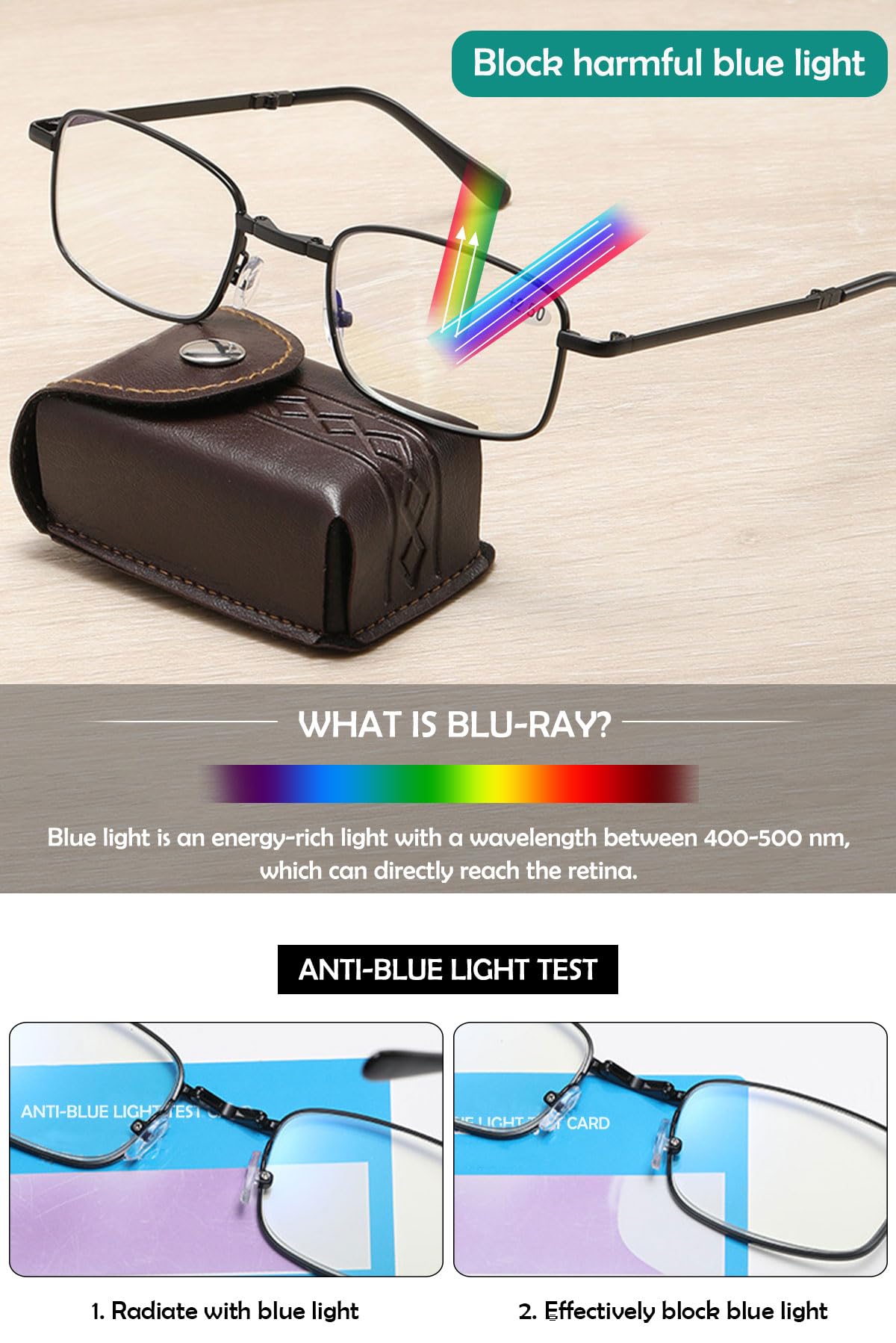 KOOSUFA Faltbare Selbsttönende Gleitsicht Lesebrille Gleitsichtbrille Progressive Multifokus Anti-Blaulicht Photochrome Herren Damen mit UV-Schutz Sonnenlesebrille Zusammenklappbar mit Etui 1,0-4,0