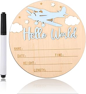 Hello World Newborn Sign with Pen, 5.9in Round Newborn Welcome Birth Name Sign Airplane