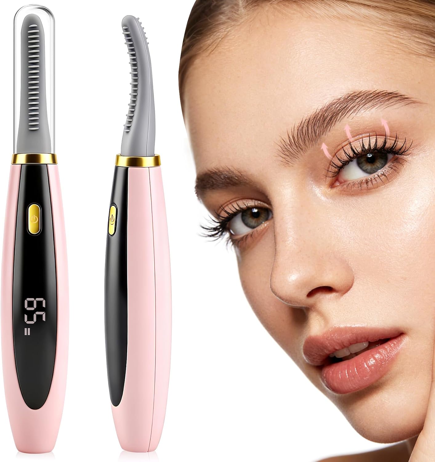 Heated Eyelash Curler Electric Quick Heating Eyelash Curler Heated with 3 Levels Intelligent Temperature Control USB Charging Fully Covered Silicone Brush for All Eyelash Types