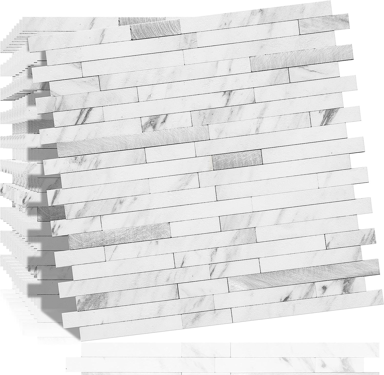 THE WHITE SHOP 10pcs Stick Tile, Faux White Marble Look Mixed Metal Stick on Backsplash Tiles for Kitchen 297 * 292MM(Color : White)