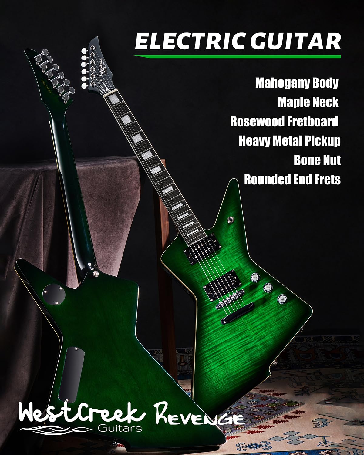 WestCreek Revenge Solid Body E-Gitarre, Heavy Metal Gitarre, Rechtshänder, Heavy Metal Pickups, abgerundete Jumbo Bünde, Knochensattel, Palisander Griffbrett, Mahagoni Korpus