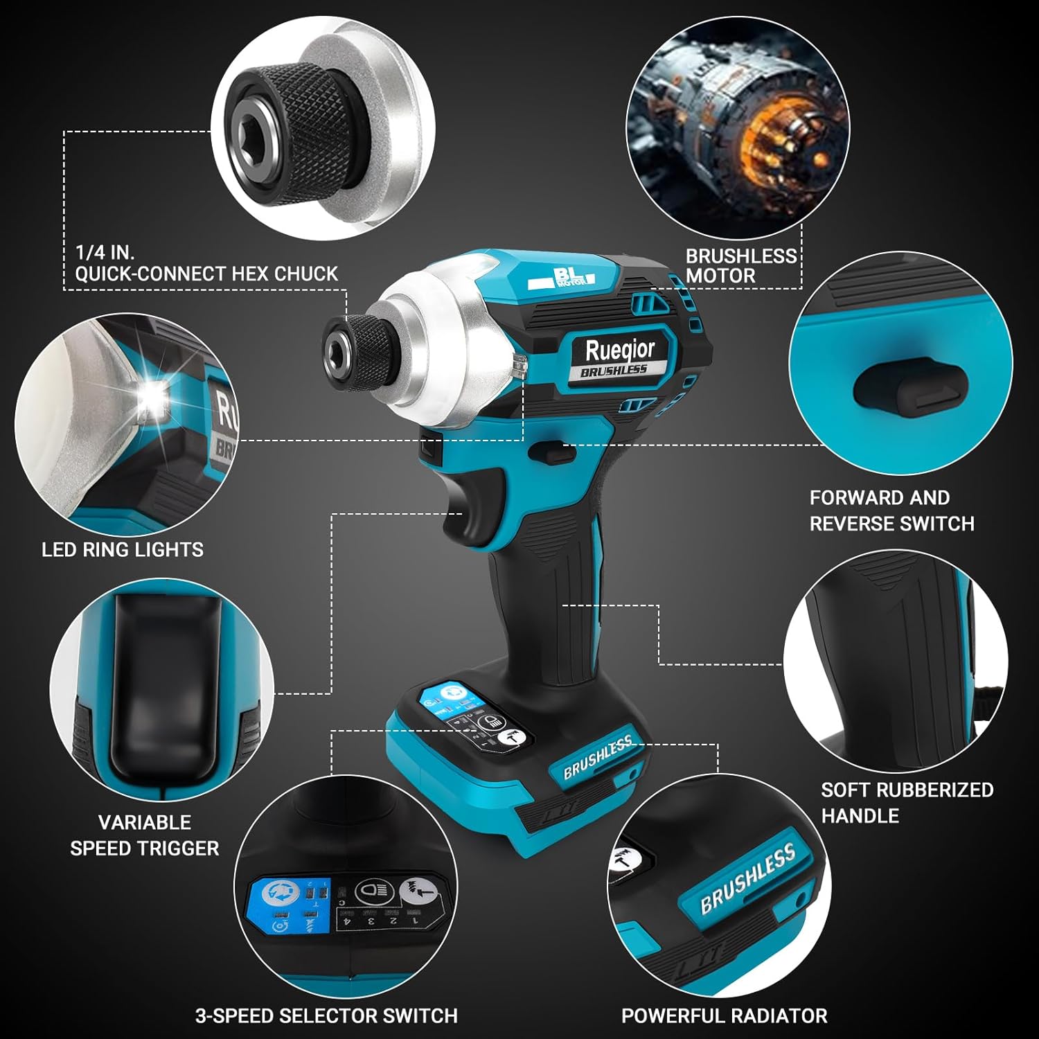 Cordless Impact Driver 1/4 inch Compatible with Makita 18v Battery, Brushless Driver 220Ft-lbs(300N.m), 3-Speed Lightweight Power Impact Drivers with LED Light(Tool Only)