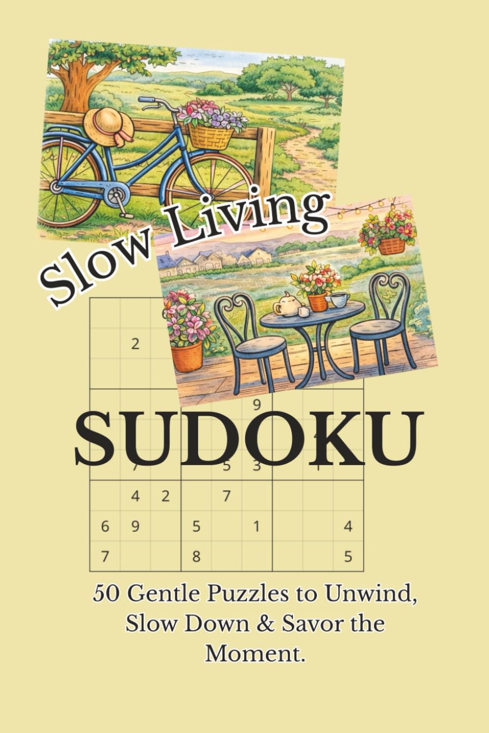 Slow Living Sudoku: 50 Gentle Puzzles to Unwind, Slow Down & Savor the Moment. Includes solutions and 50 cozy cottage and countryside coloring pictures. 6x9in (sudoku puzzle books)