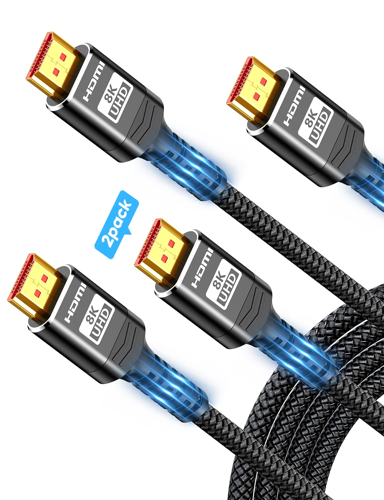 Highwings 8K HDMI 2.1 Cable 2-Pack 15FT, Slim Ultra High Speed HDMI Braided Cord-48Gbps,4K@120Hz 8K@60Hz, HDCP 2.2&2.3, Dynamic HDR,eARC,DTS:X,RTX 3090,Dolby Compatible with Roku TV/HDTV/PS5/Blu-ray