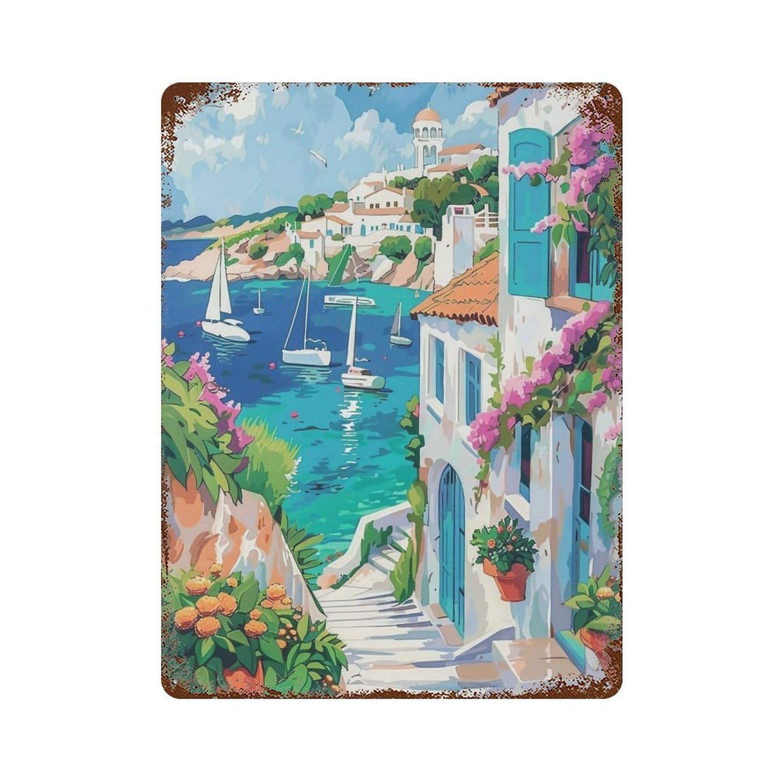HDURYEYRYY Greek Pink Cottage Bougainvillea Bay 04 Wall Retro Iron Vintage Art Metal Tin Sign Poster Modern Home Cofffee Club Art Bar Shop Decor 40x30cm
