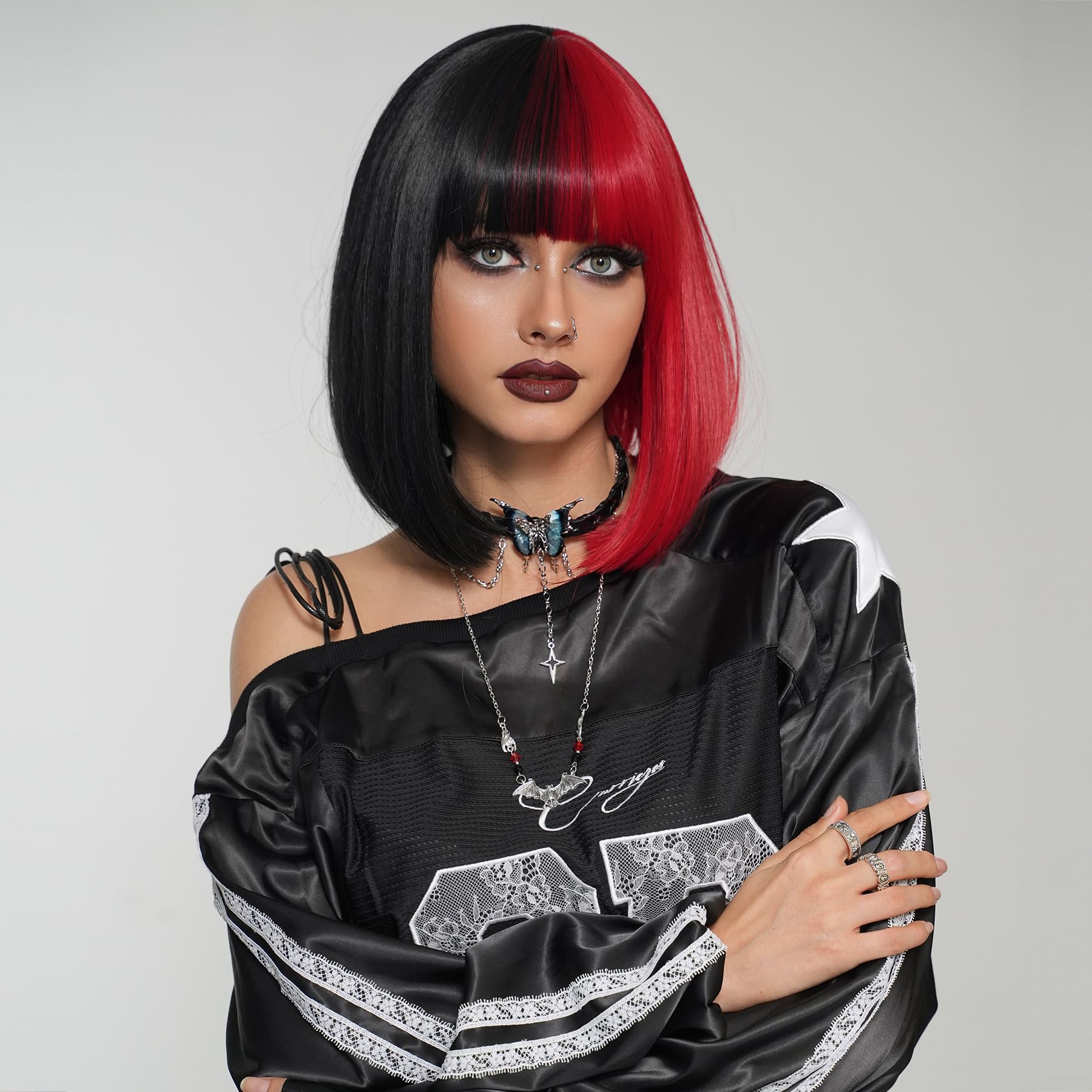 PARK YUN Half Red Half Black Wigs with Bangs 14 Inch Short Straight Bob Synthetic Heat Resistant Wig for Women Halloween Cosplay Party Wig for Daily
