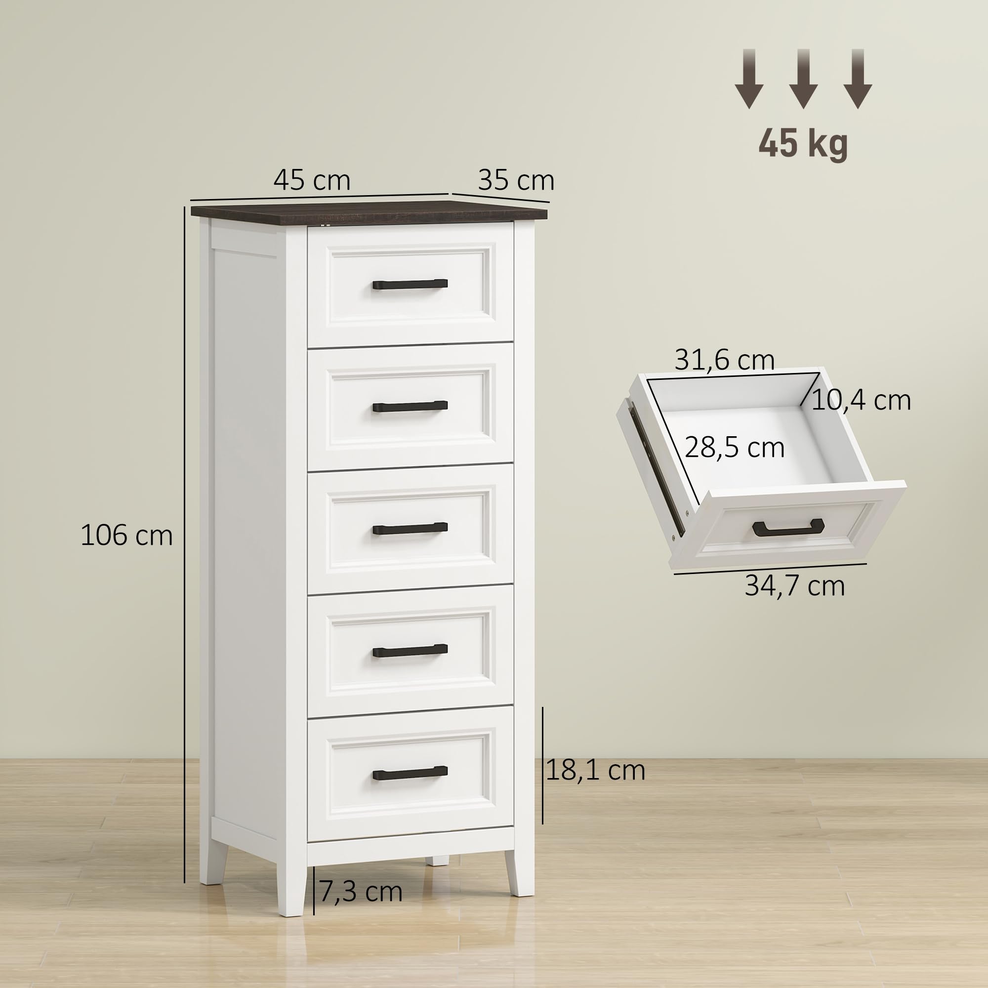 HOMCOM Cómoda 5 Cajones, Cómoda Dormitorio Estrecho y Alto con Encimera Efecto Madera, Cajonera para Espacios Pequeños, Salón, Oficina, 45x35x106 cm, Blanco