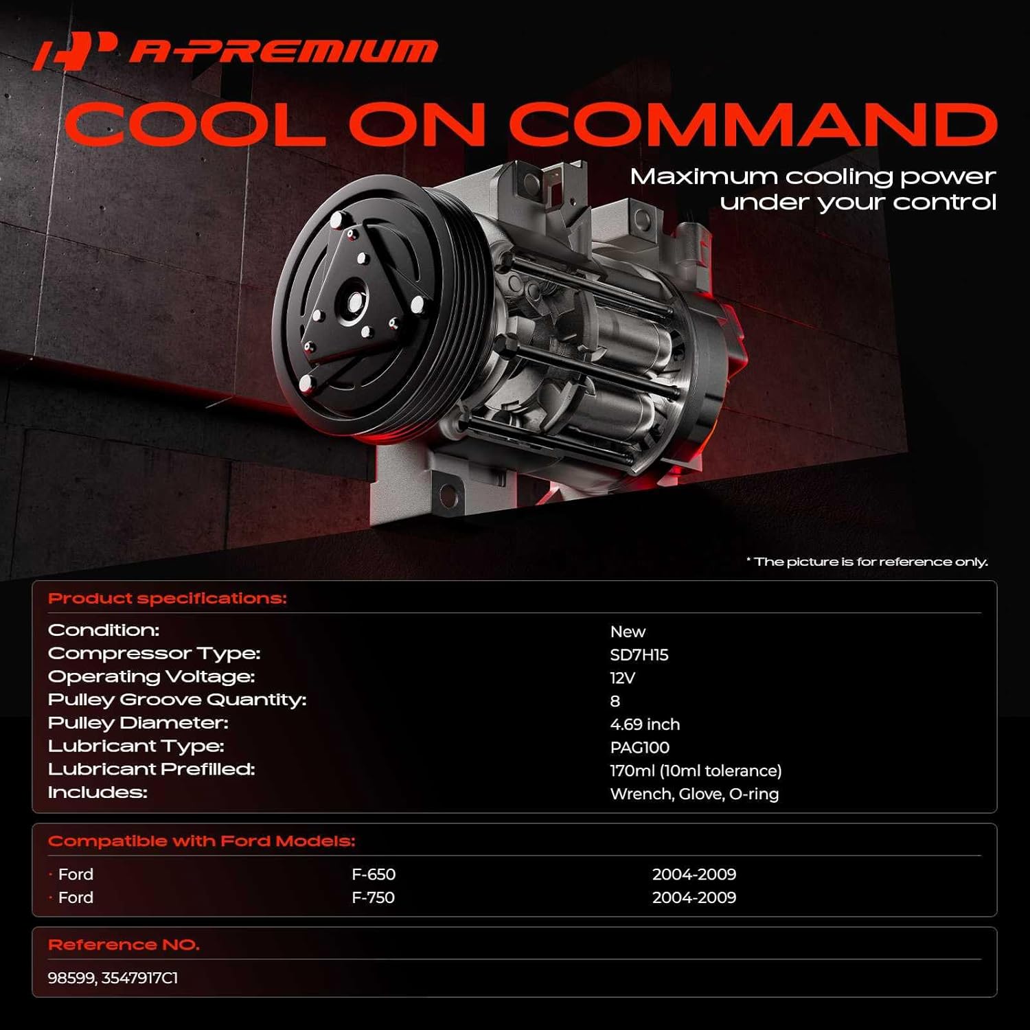 A-Premium AC Compressor with 8-Groove A/C Clutch 12V Compatible with Ford F650 F750 2004-2010, 6.0L 7.2L - Replace# 4C4Z19703AA