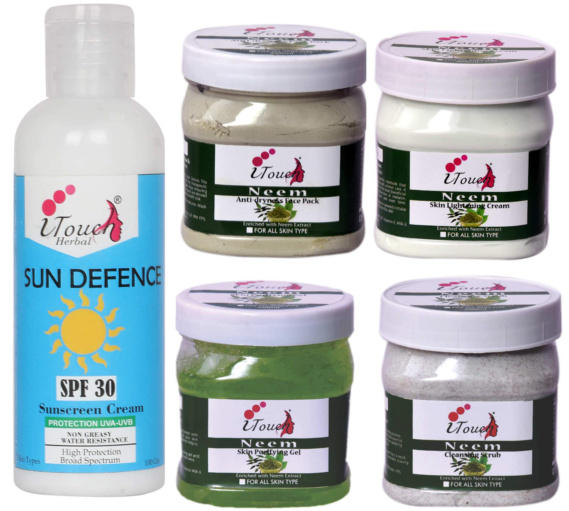 I TOUCH HERBAL NEEM SCRUB , CREAM , PACK , GEL 500 ML X 4 + SUNSCREEN LOTION SUN DEFENCE S.P.F 30 -100 ML (PACK OF 5)
