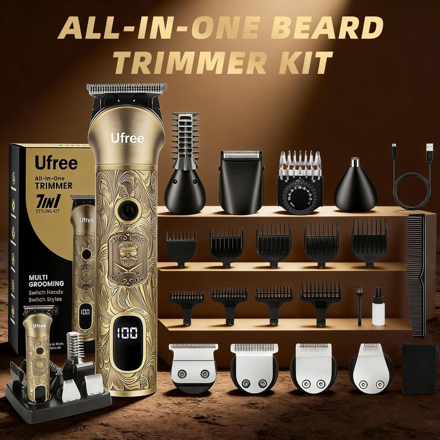 Ufree Recortadora de barba para hombres, afeitadora eléctrica, kit de afeitado inalámbrico para bigote, cuerpo, nariz, oreja, vello facial, kit de aseo de barba ajustable, regalos de cumpleaños para