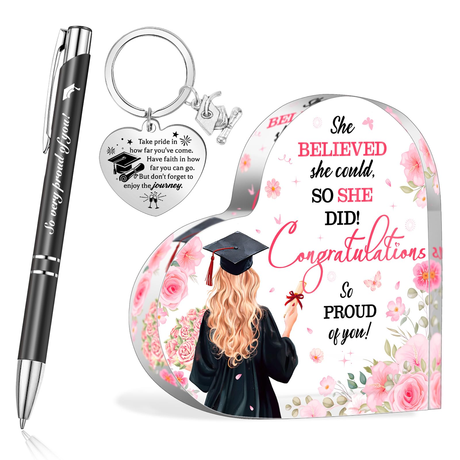 HOWAF Graduation Heart-Shaped Acrylic Plaque, Graduation Keyring, So Proud Of You Ballpoint Pen & Gift Bag, Graduation Gifts for Her, Graduation Gifts for Daughter, Granddaughter, Women, Girls, Pink