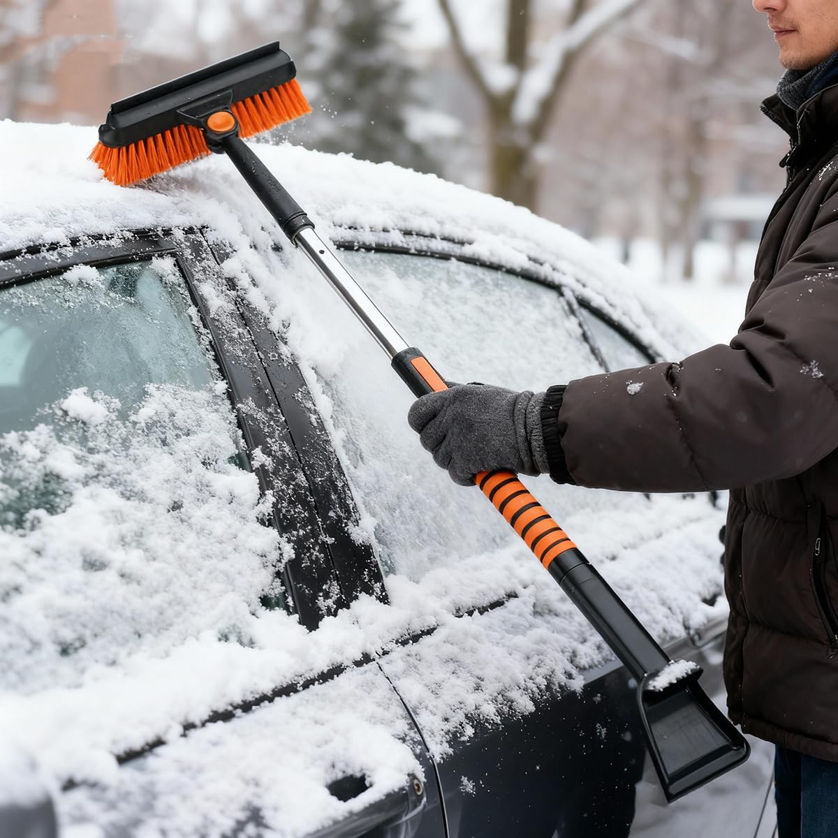 2-in-1 abnehmbare Auto-Schneebürste mit Eiskratzer, ausziehbare Schneeräumwerkzeuge für Auto, SUV, LKW, mit ergonomischem Schaumstoffgriff, drehbarer Bürstenkopf