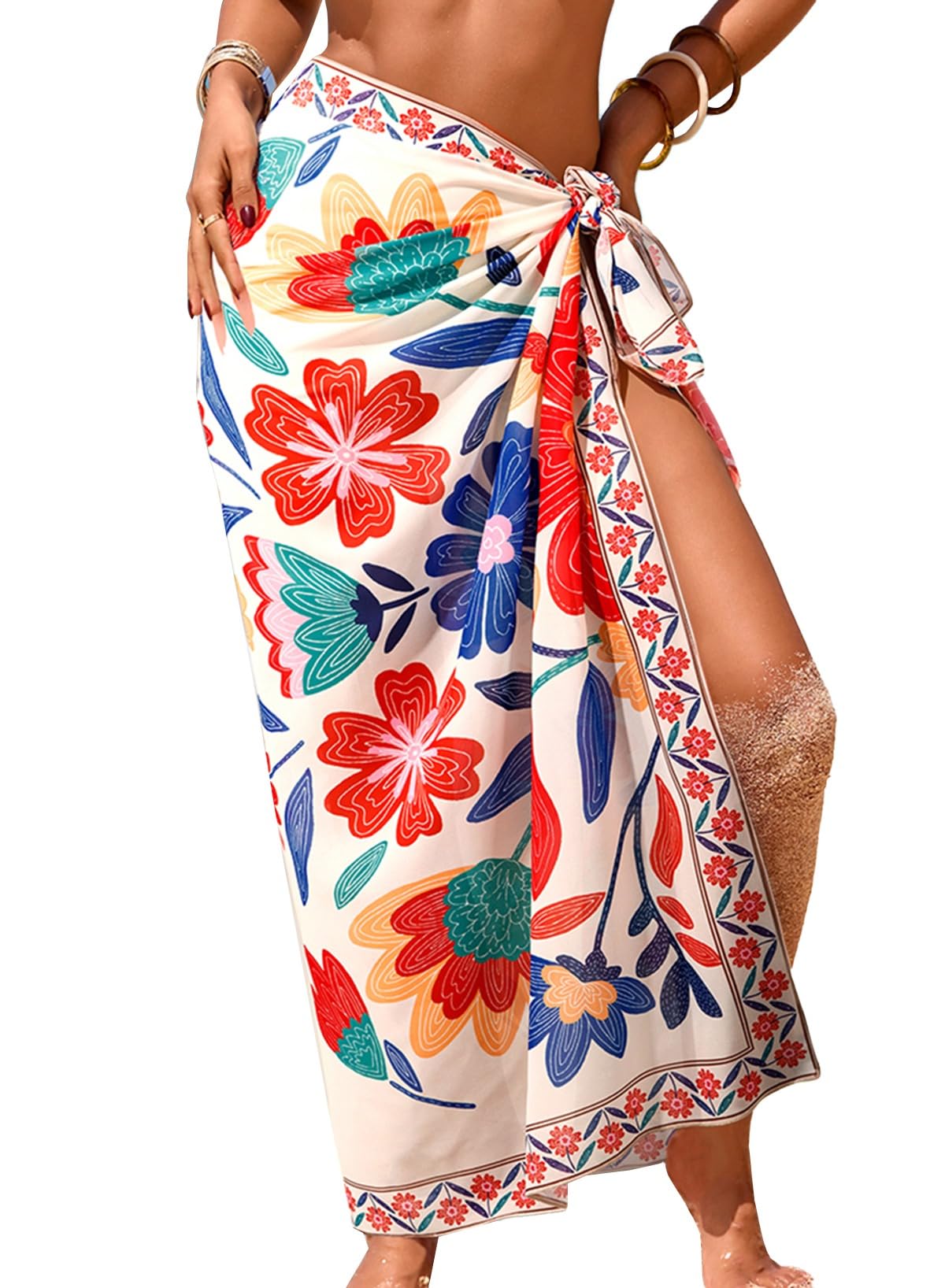 Herseas Women Sheer Sarong High Slit One Size Swimsuit Coverups 2026 Summer Floral Print Chiffon Wraps Beach Cover