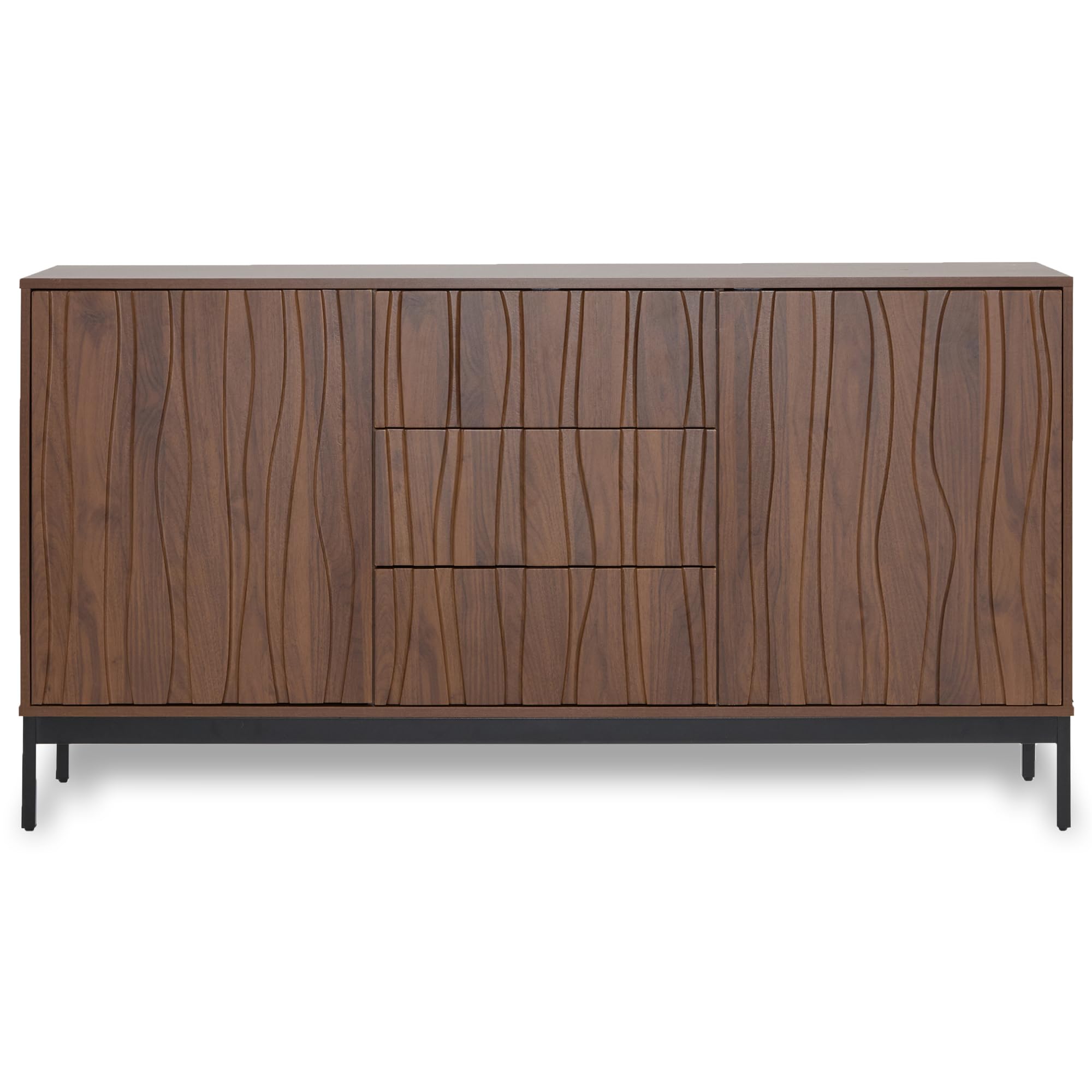 Sideboard 150cm Eiche dunkel gemasert, 3 Schubladen, großes Sideboard, Küchenschrank, Einteilige Aussparung, Mid Century Modern Dekorativer Schrank für Küche, Wohnzimmer, Eingangsbereich, Flur