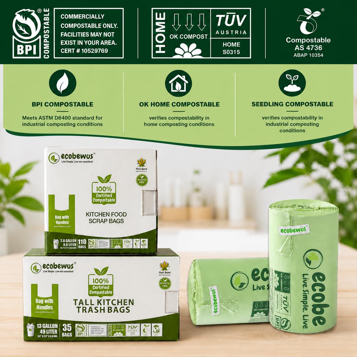 Bolsas 100 % compostables de 2.6 galones, con parte superior plana (125 bolsas), pequeñas bolsas de basura desechables para compostaje, bolsas de basura para alimentos, certificado BPI de EE. UU., TUV