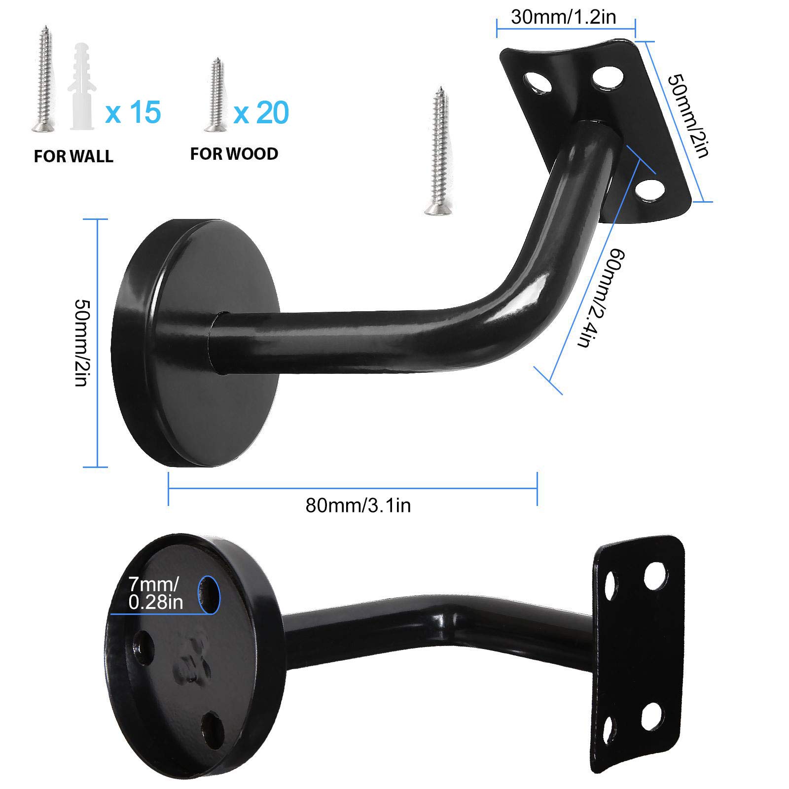 5 Pack Heavy Duty Handrail Bracket Black Stainless Steel Wall Mount