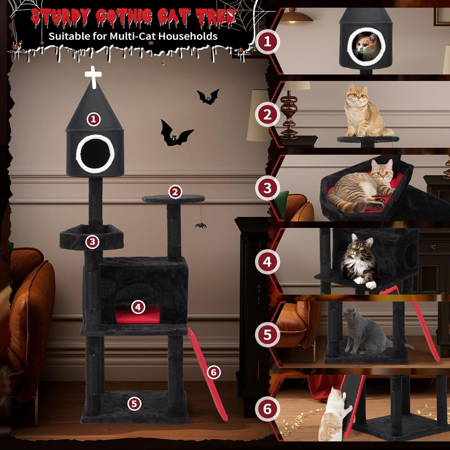 64" Gothic Cat Tree with Coffin Bed, Multi-Level Tall Black Cat Tower Cats with Top Perch, Spacious Condos, Spider Hanging Balls, Scratching Post and Ladder for Large Cats 22 lbs, Black & Red