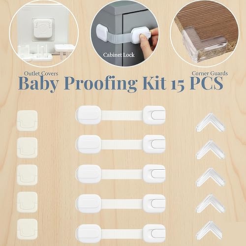 Miniatura 6 de Kit de seguridad infantil todo en uno de 15 piezas con 5 cerraduras de gabinete, 5 protectores de esquina, 5 cubiertas de salida fácil de instalar,