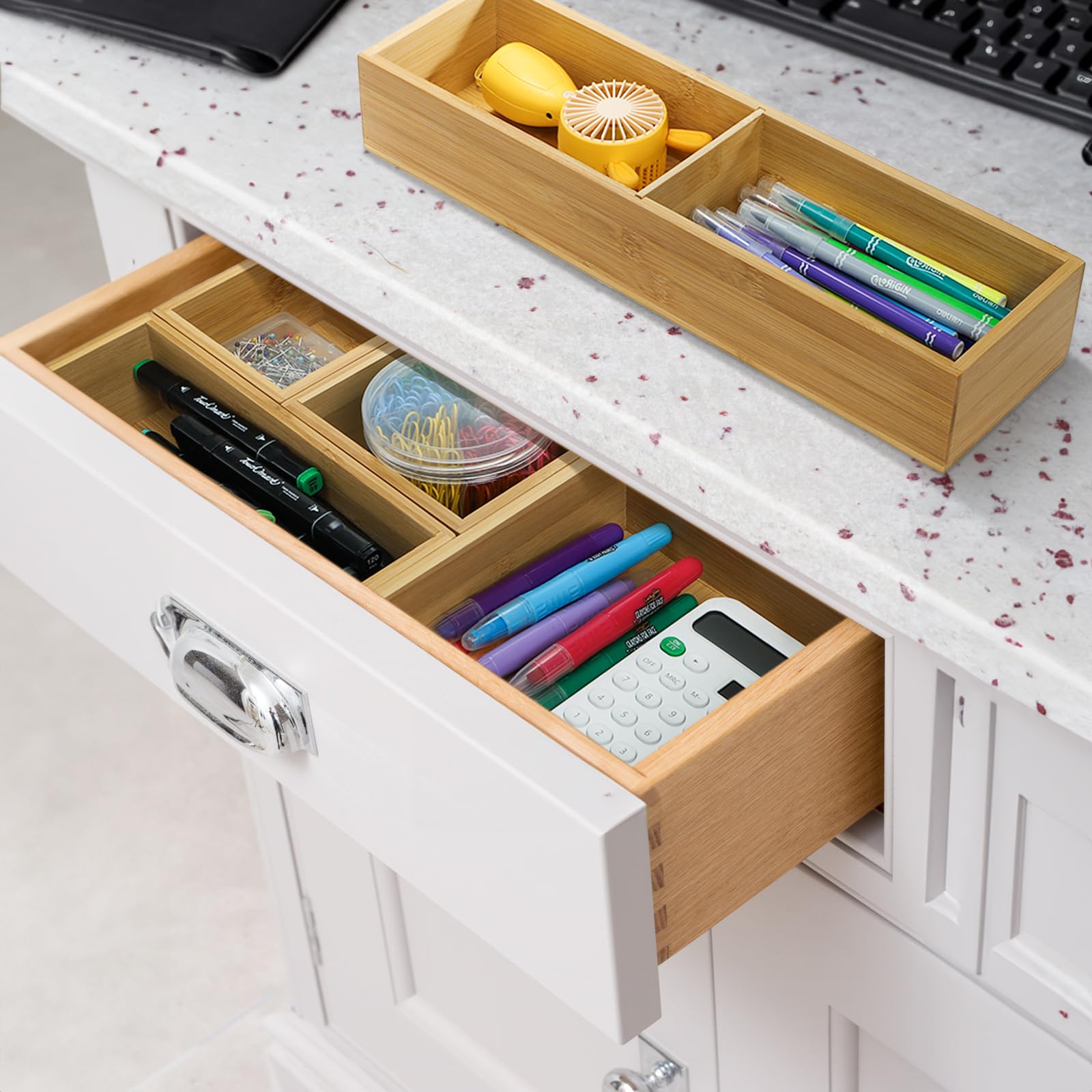 ZAVOOS 6 Stück Bambus-Schubladen-Organizer, individuelles Junk-Tee-Aufbewahrungs-Schubladen-Tablettt, Set mit herausnehmbaren Trennwänden, verstellbarer Besteck-Utensilien-Make-up-Halter für Küche,