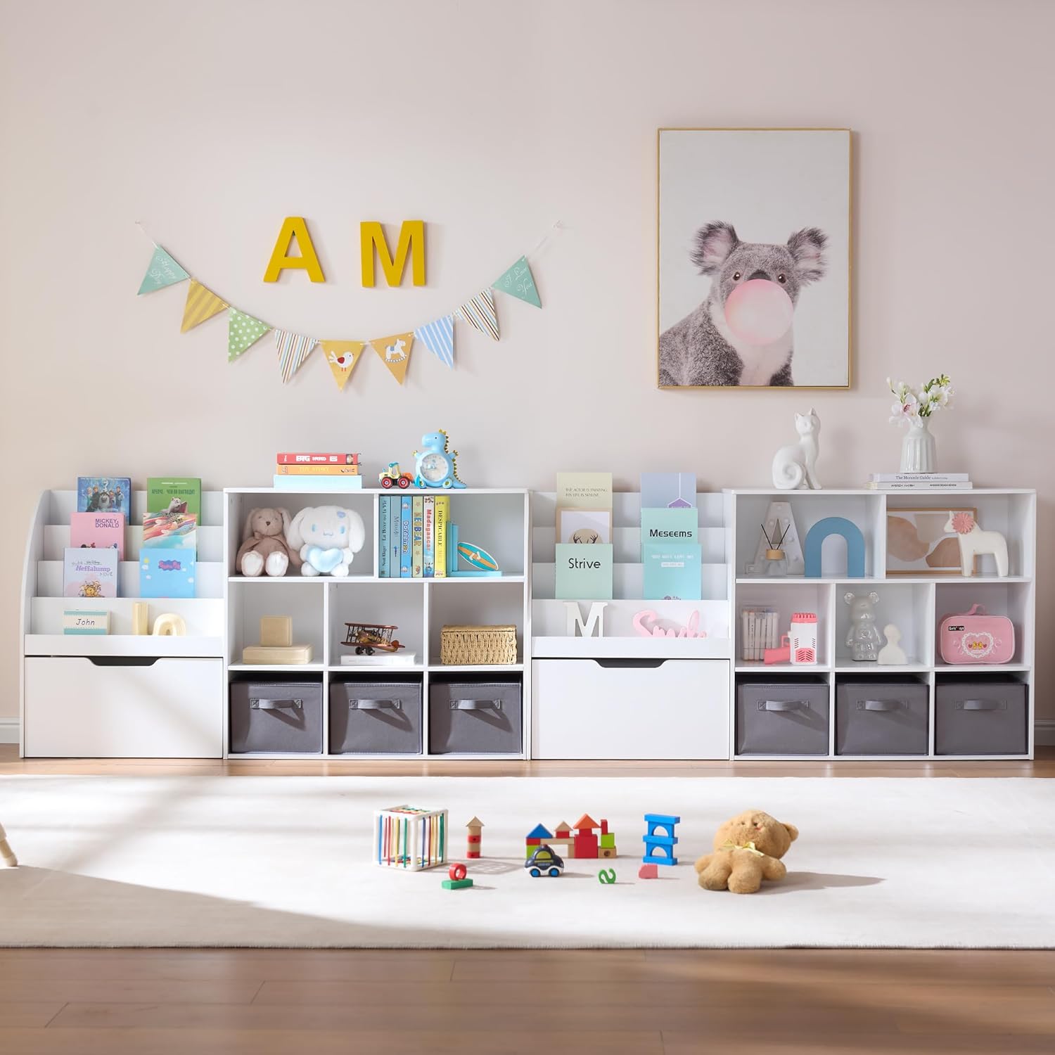 Kids Bookshelf and Toy Storage, 58.5’’ Toy Storage Organizer with Movable Chests & 3 Storage Bins, Large Kids Reading Nook Toy Organizers and Storage with 5 Cubbies for Playroom, Bedroom, White - Image 7