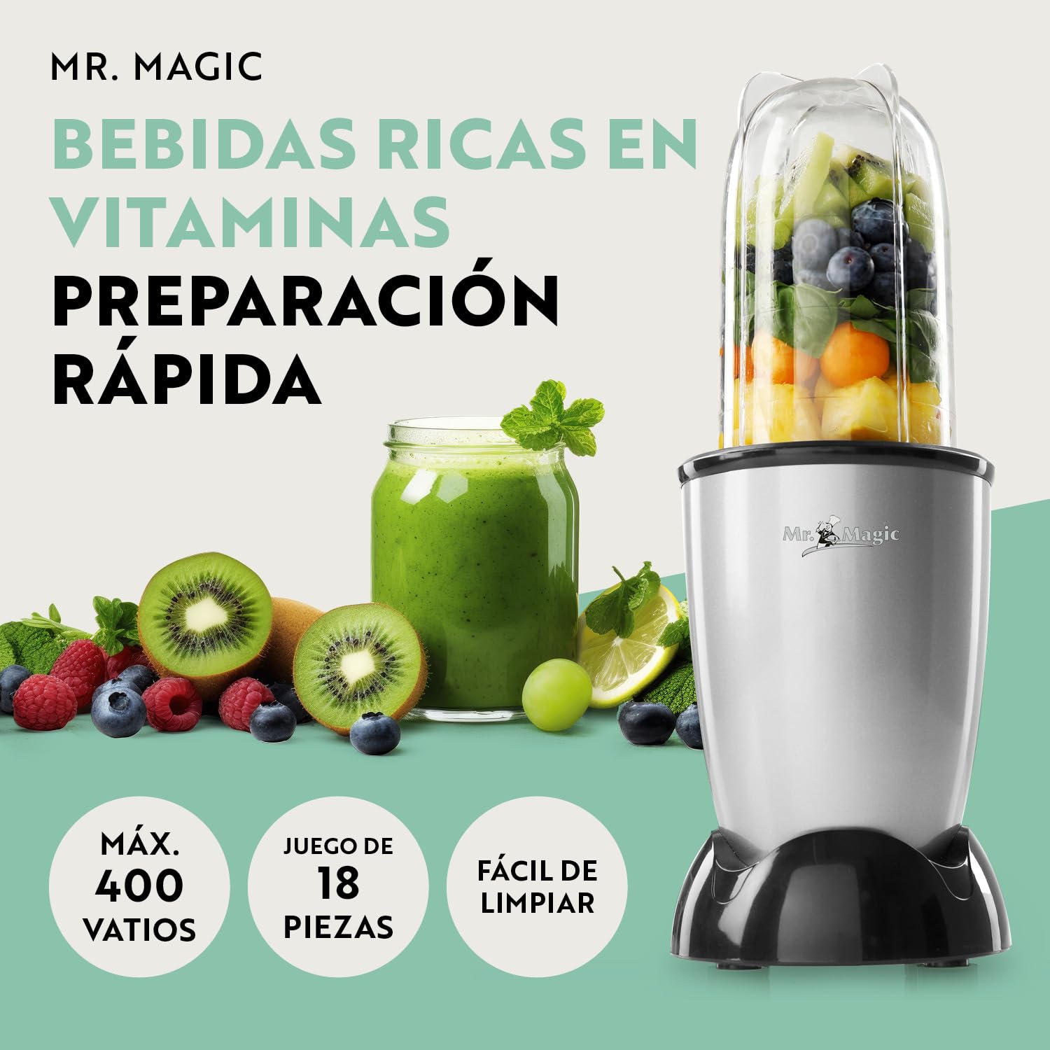 GOURMETmaxx Mr. Magic Batidora Con Pack de Accesorios XXL | 18 Piezas | Tapas Herméticas | Procesador de Alimentos Para Batidos, Smoothies y Más