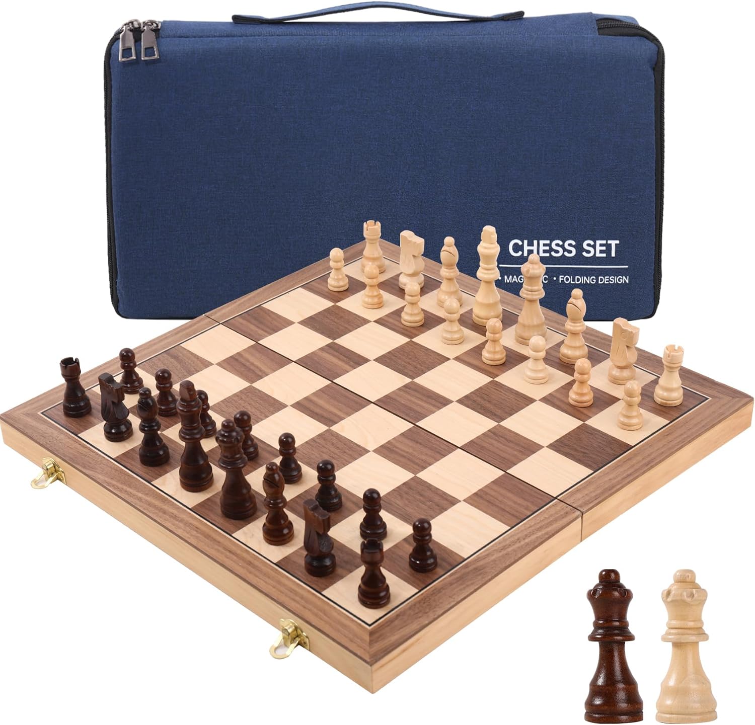 Wooden Chess Set 15 Inch - Classic Handcrafted Game Board for Adults with Extra Queen Pieces and Storage Box - Ideal for Home and Travel -Magnetic
