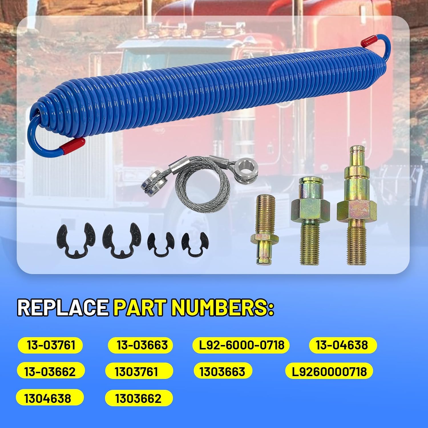 Hood Spring, Cable and Stud Bolts with Retaining Rings Compatible with Peter-bilt 357 377 379, Replace 13-03761, 13-03663, L92-6000-0718, 13-03662,13-04638